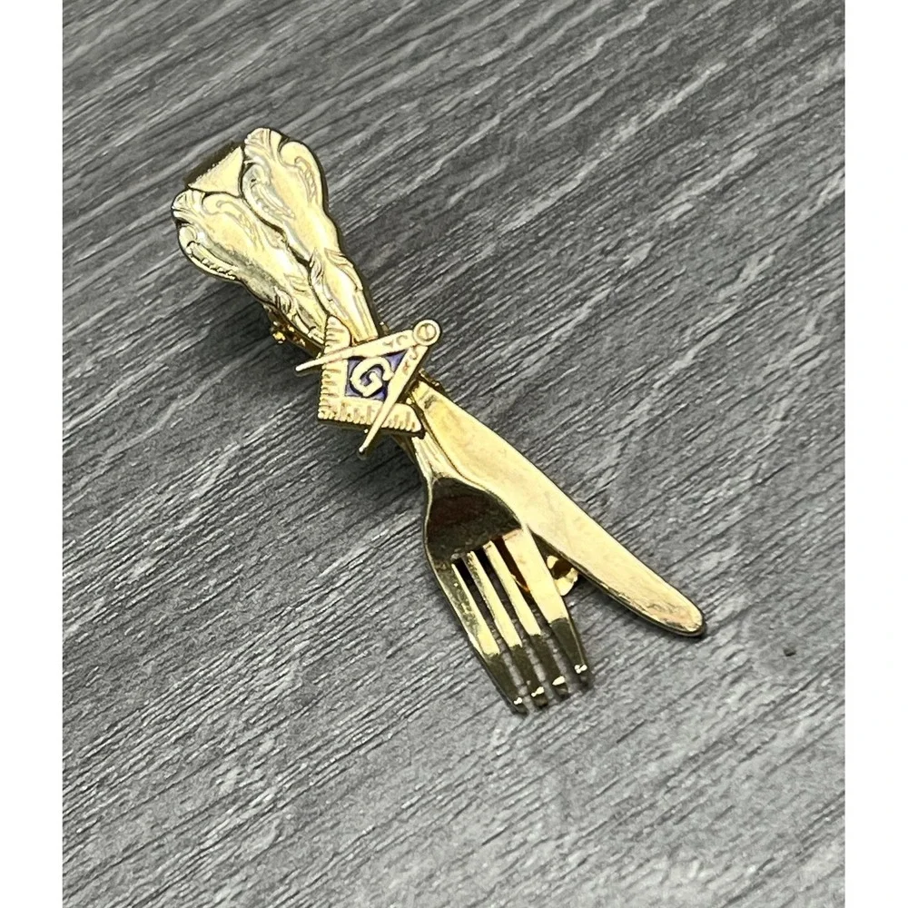 Masonic Square & Compass Tie Clasp Clip Gold Tone Fork Knife Dinner Theme‎ Men's